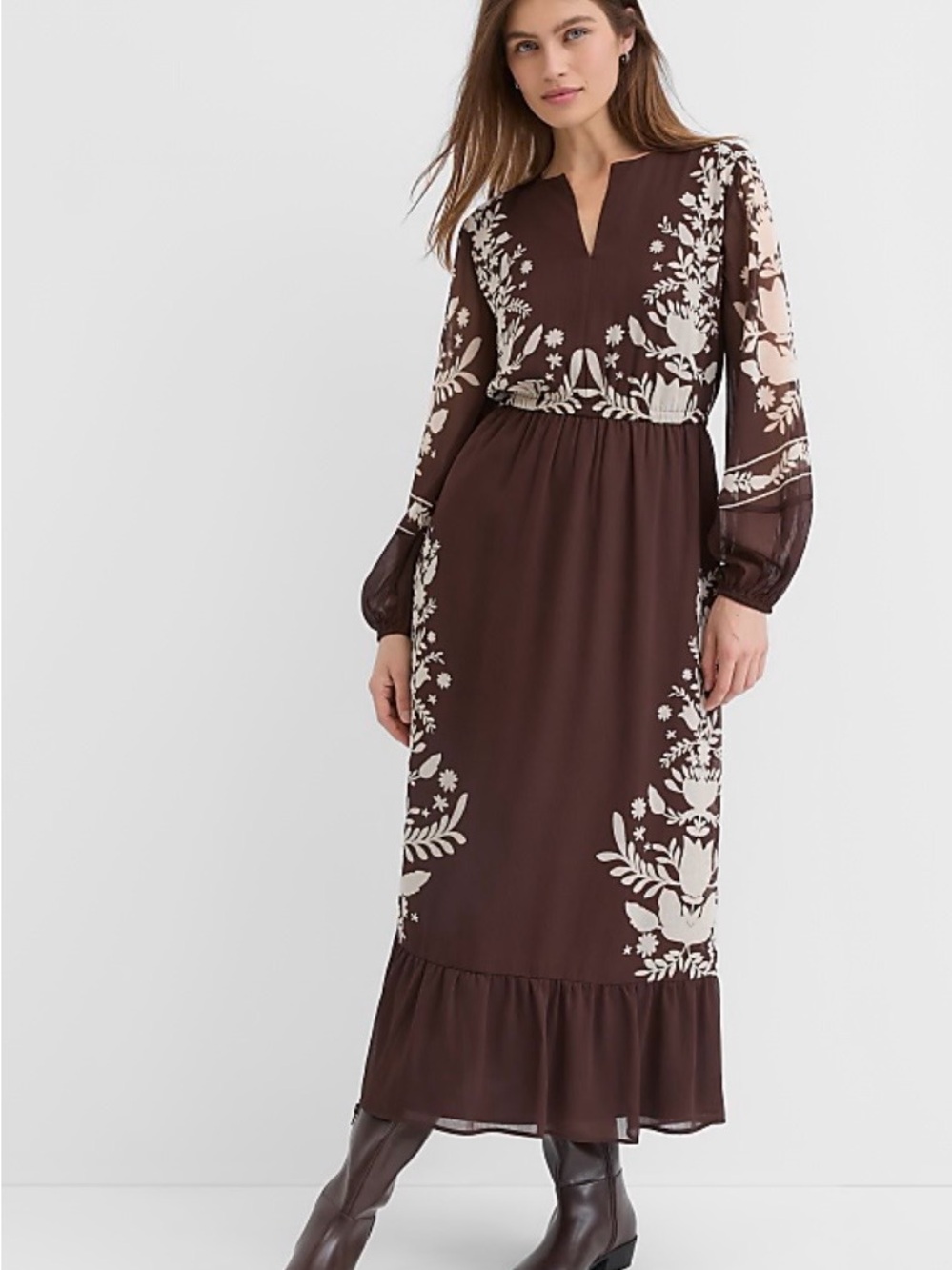 LOFT Brown Maxi Dress with Cream Floral Embroidery